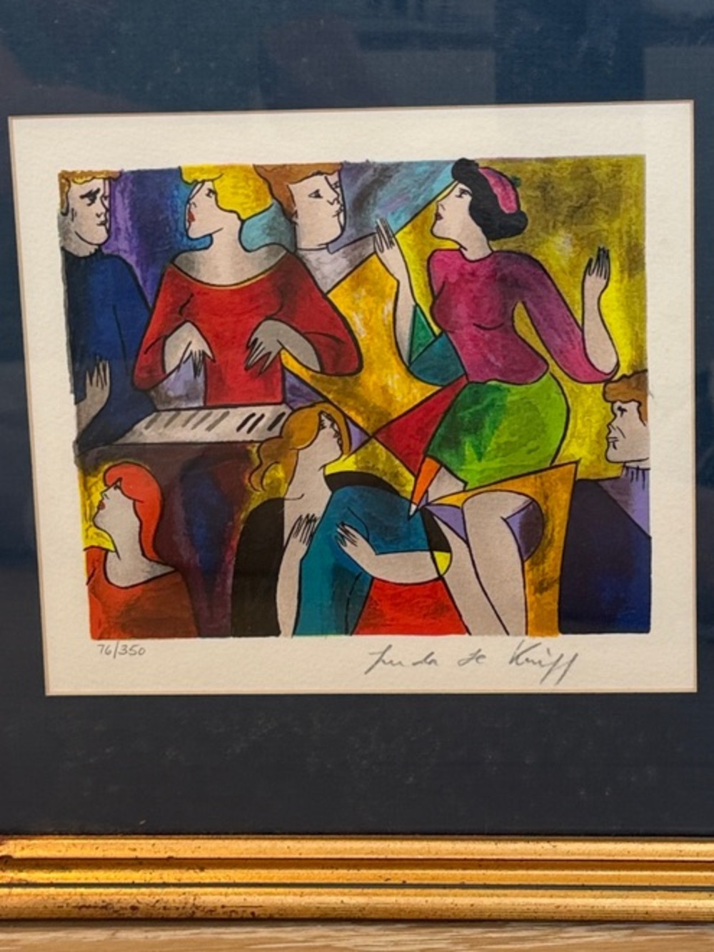 Linda Le Kinff numbered serigraph.  Framed Colorful Abstract People Art